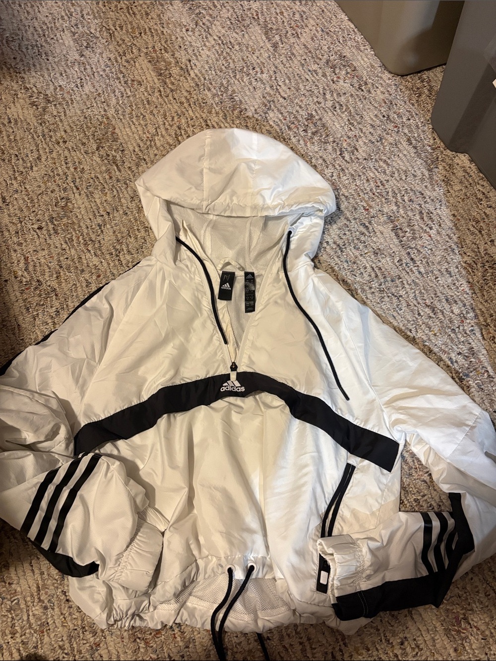 adidas White and Black Half-Zip Hooded Bomber Jacket